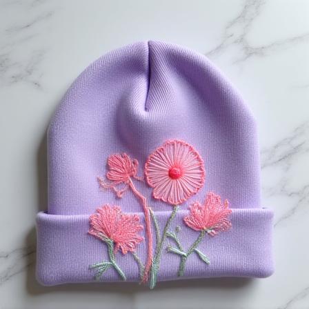 Beanie in toni pastello con ricami di versi di Keats